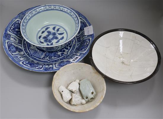 A Kraak porcelain blue and white dish, a blue and white bowl, two bowls, three figures, etc